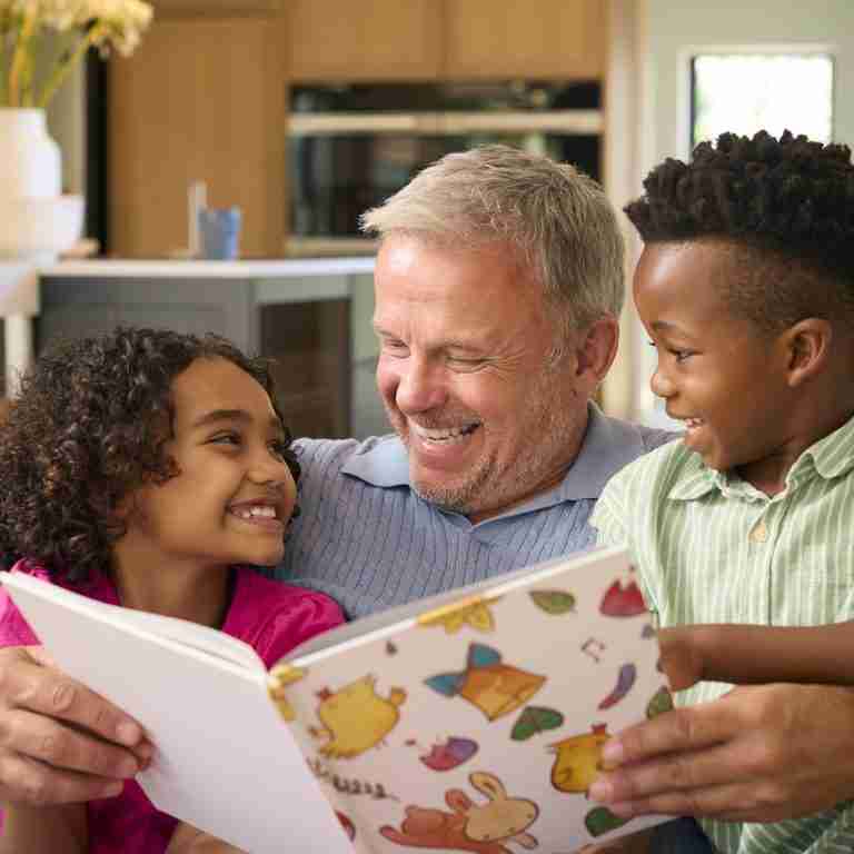Multi Racial Family With Grandfather Looking After Grandchildren At Home Reading A Story Together