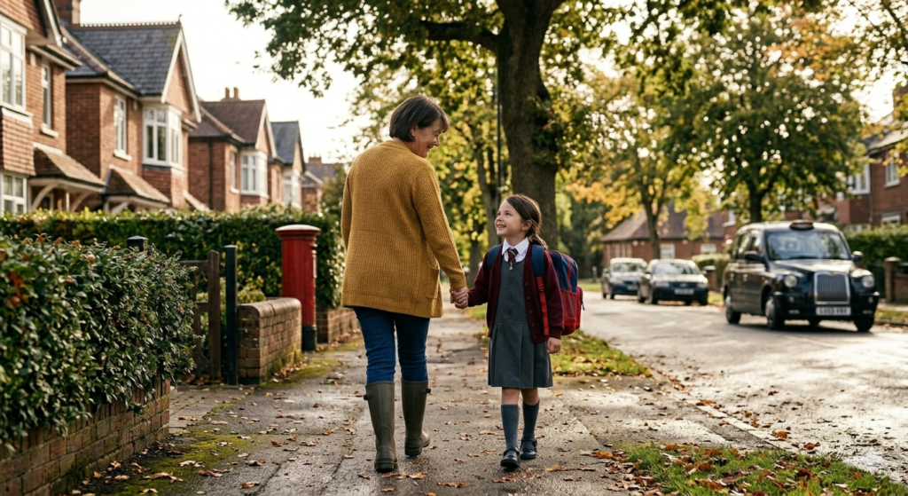 Parent and child walking to school