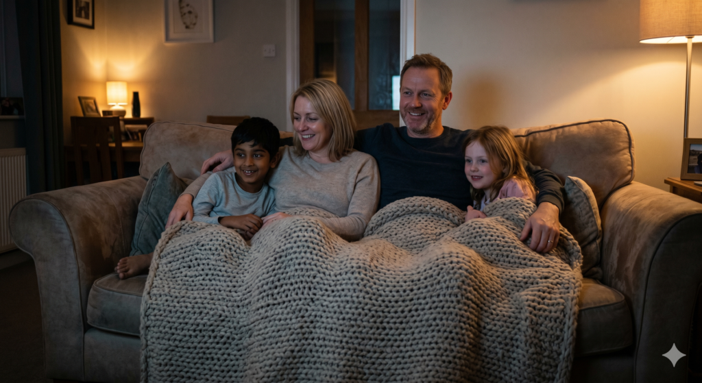 Foster parents with group of children sharing a blanket