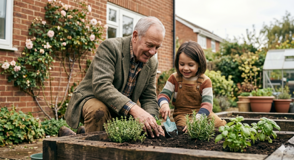 Old man and foster child gardening