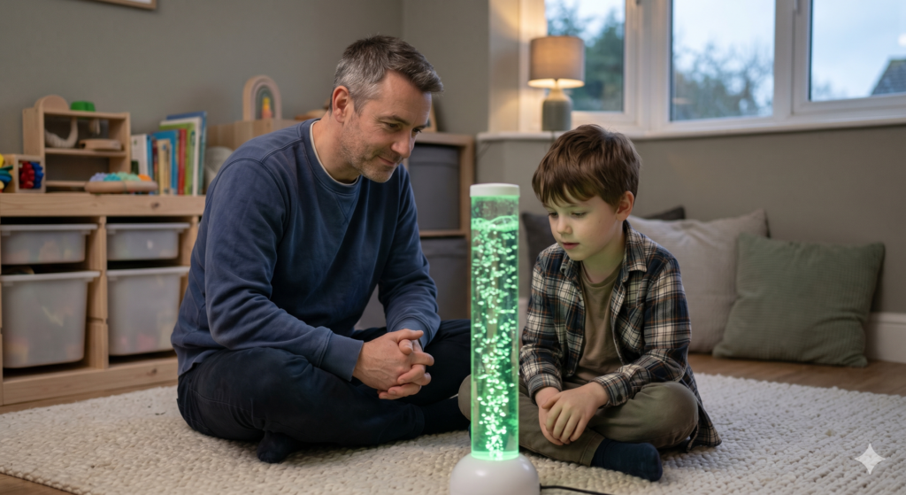 Boy and foster dad playing with toy