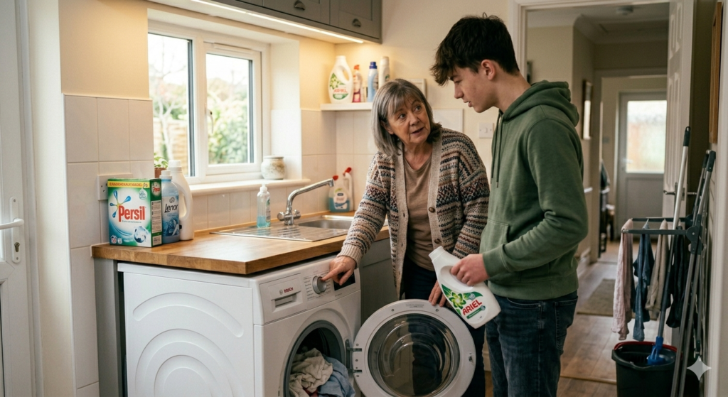 Foster parent showing older foster child how to use the washing machine