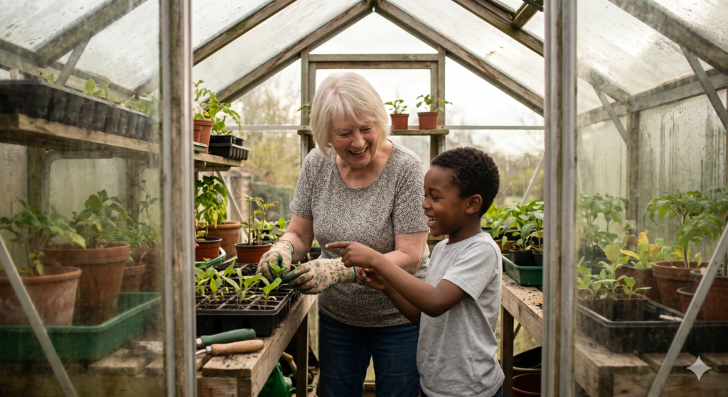 Child and foster carer in a greenhouse
