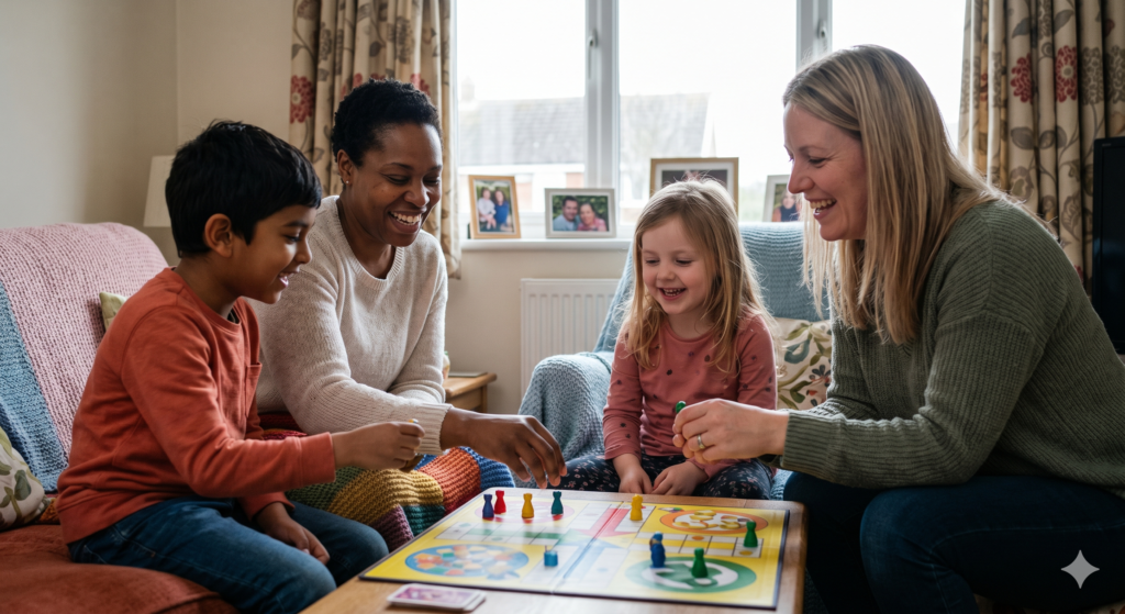 Foster parents playing games with foster children